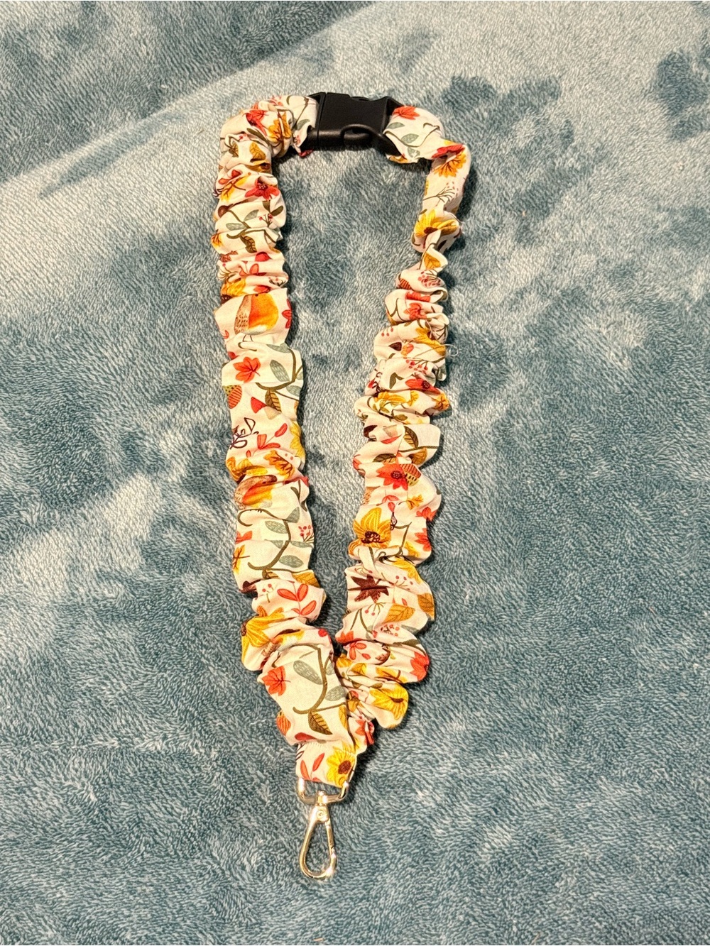 Handmade Floral Fabric Necklace Lanyard - White with Yellow & Red Flower Accents